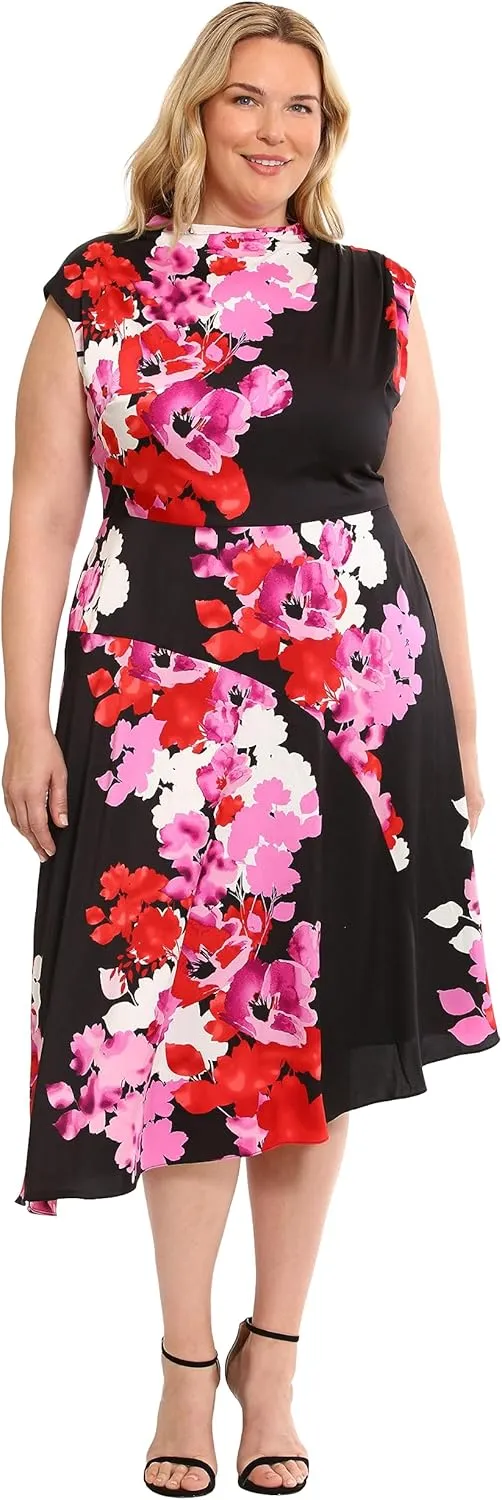 Maggy London Women's Plus Size Drape Neck Asymmetric Hem Light Charmeuse Dress