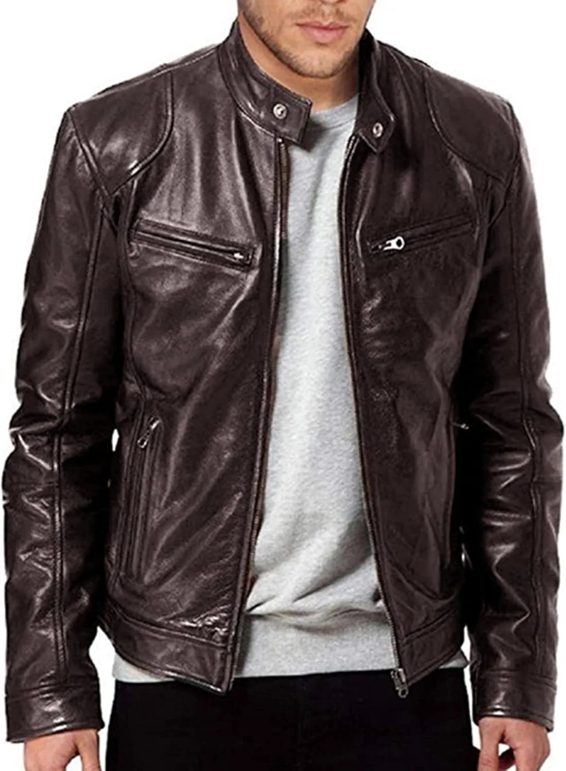 Maiyifu-GJ Men Stand Collar Faux Leather Jacket PU Vintage Zip Up Motorcycle Coat Casual Lightweight Slim Fit Bomber Outwear