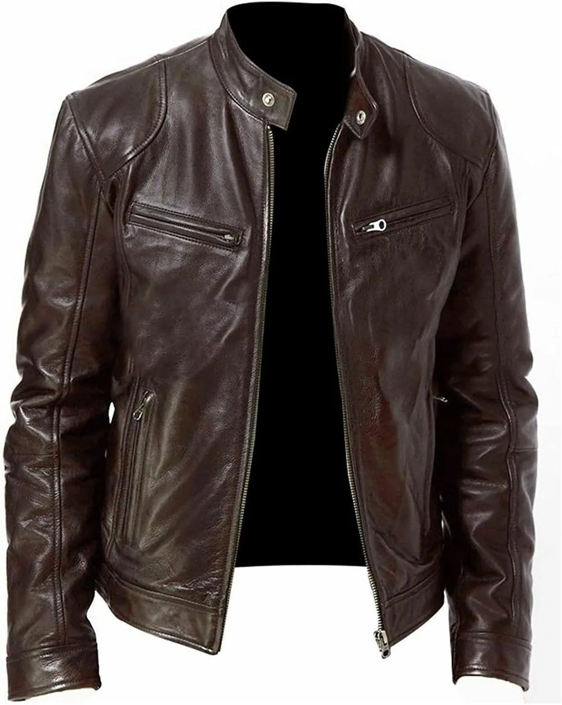 Maiyifu-GJ Men Stand Collar Faux Leather Jacket PU Vintage Zip Up Motorcycle Coat Casual Lightweight Slim Fit Bomber Outwear