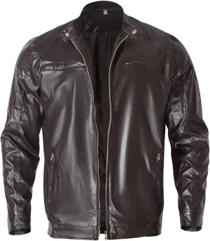 Maiyifu-GJ Men Stand Collar Faux Leather Jacket PU Vintage Zip Up Motorcycle Coat Casual Lightweight Slim Fit Bomber Outwear