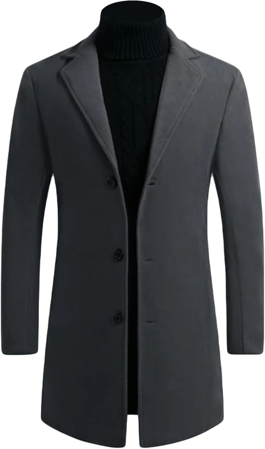 Maiyifu-GJ Men's Casual Mid-Length Trench Coat Single Breasted Business Pea Coats Winter Notched Lapel Windbreaker Jacket