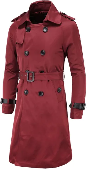 Maiyifu-GJ Men's Double Breasted Trench Coat Stylish Slim Fit Mid Long Belted Windbreaker Lapel Military Jacket with Belt