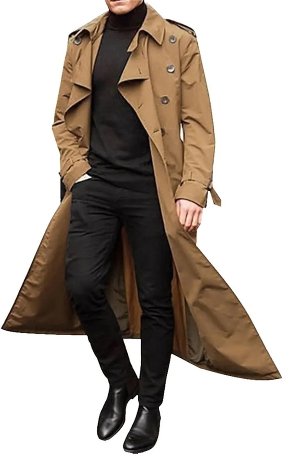 Maiyifu-GJ Mens Lapel Double Breasted Trench Coat Stylish Slim Fit Long Belted Windbreaker Casual Windproof Peacoat Overcoat