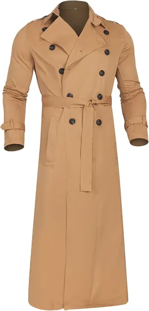 Maiyifu-GJ Mens Lapel Double Breasted Trench Coat Stylish Slim Fit Long Belted Windbreaker Casual Windproof Peacoat Overcoat
