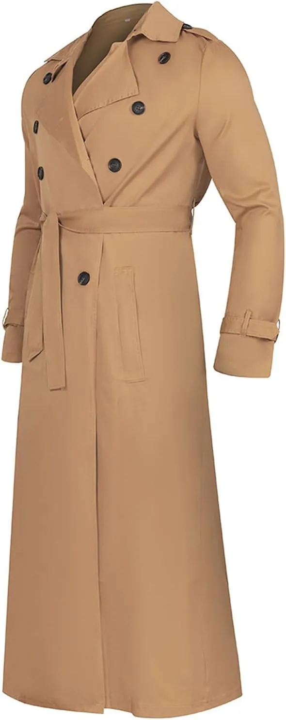 Maiyifu-GJ Mens Lapel Double Breasted Trench Coat Stylish Slim Fit Long Belted Windbreaker Casual Windproof Peacoat Overcoat