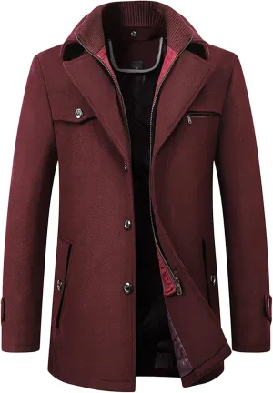 Maiyifu-GJ Mens Layered Collar Pea Coat Single Breasted Quilted Lined Military Peacoat Winter Lapel Wool Blend Trench Jacket