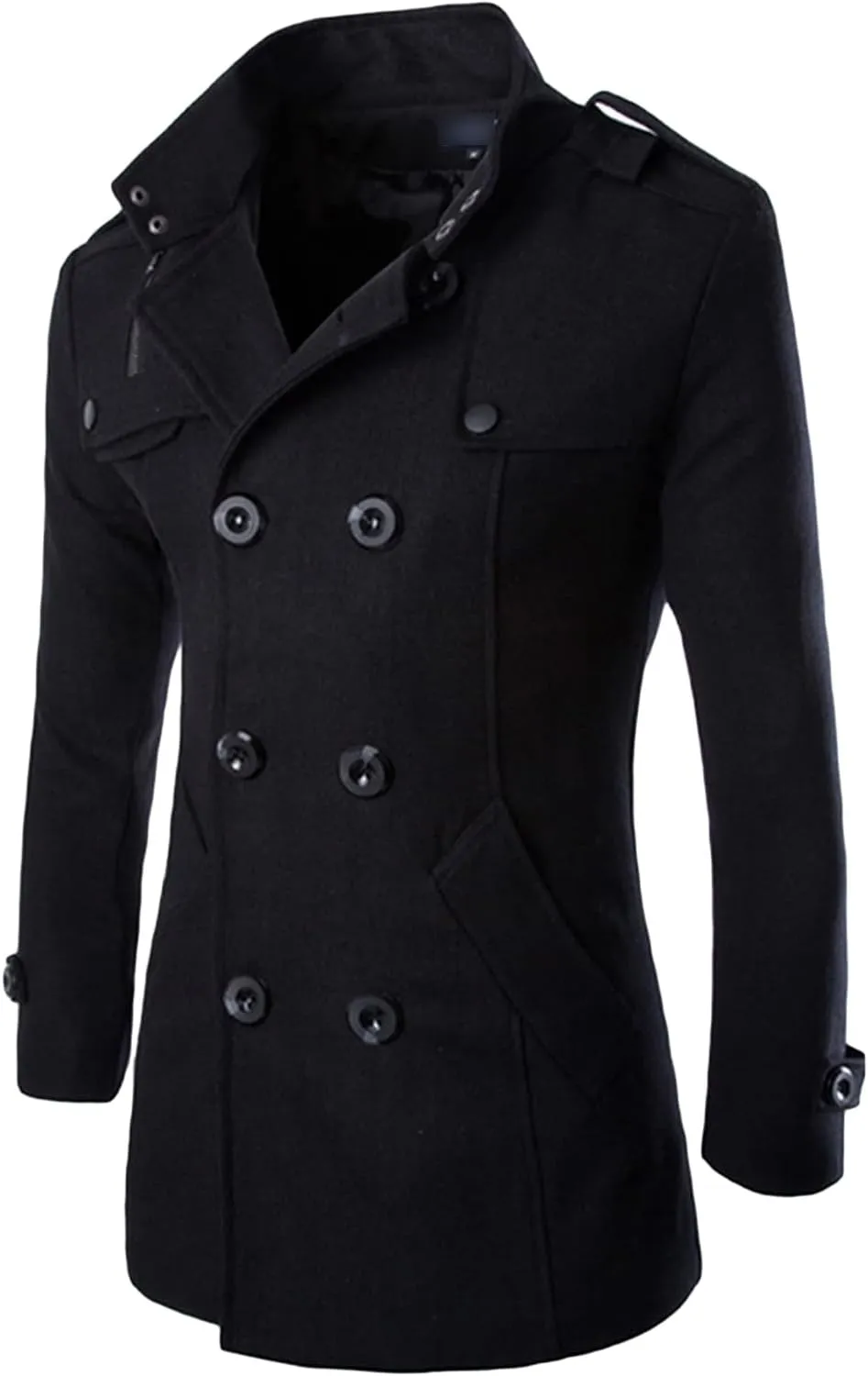 Maiyifu-GJ Mens Winter Double Breasted Overcoat Classic Mid Long Wool Blend Pea Coat Stand Collar Slim Outdoor Trench Jacket