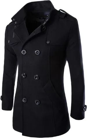 Maiyifu-GJ Mens Winter Double Breasted Overcoat Classic Mid Long Wool Blend Pea Coat Stand Collar Slim Outdoor Trench Jacket