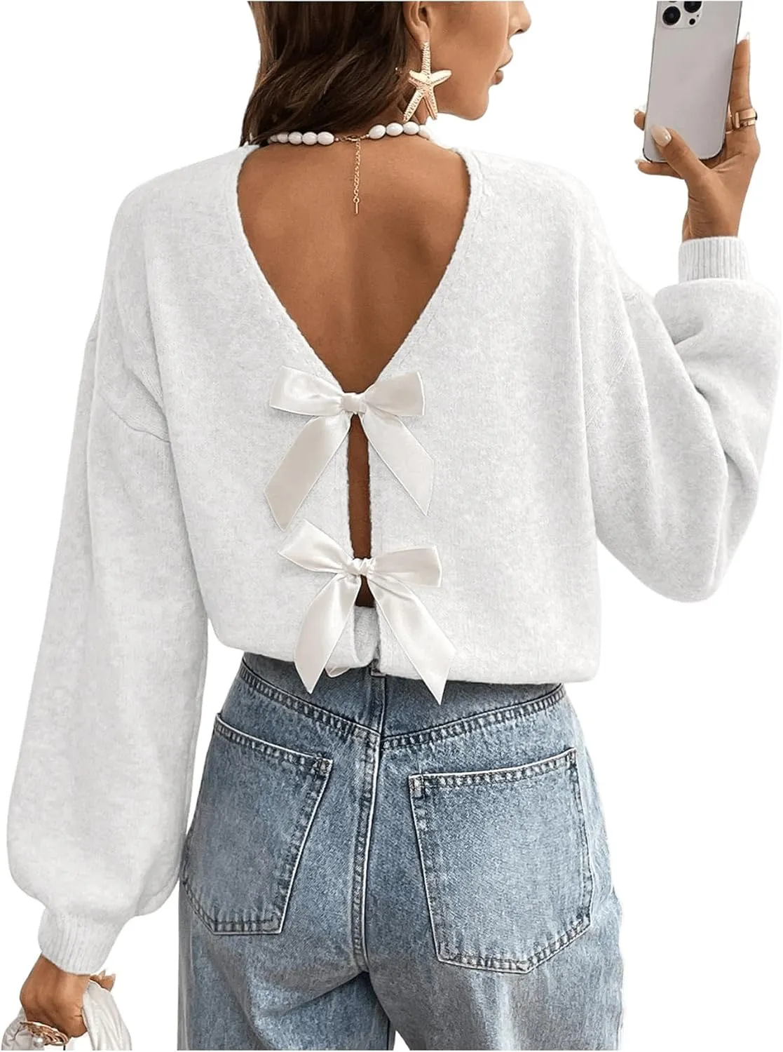 MakeMeChic Women's Bow Sweater Long Sleeve Open Back Tie Back Sweater Cardigan Top
