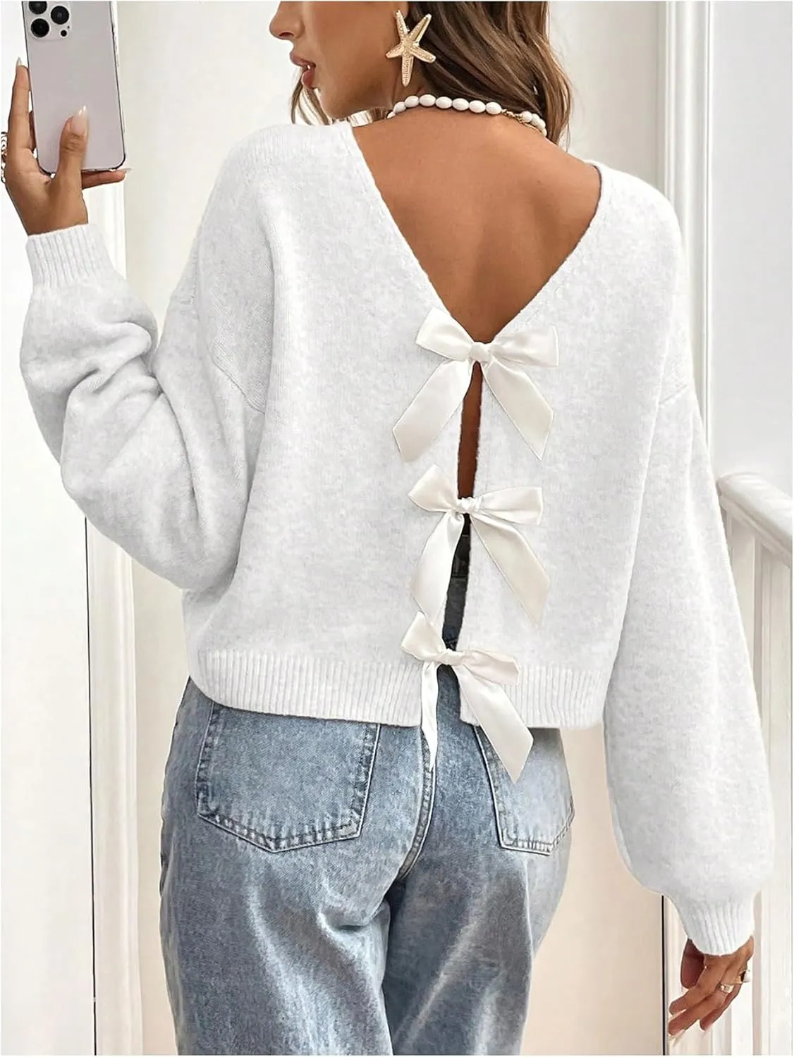 MakeMeChic Women's Bow Sweater Long Sleeve Open Back Tie Back Sweater Cardigan Top