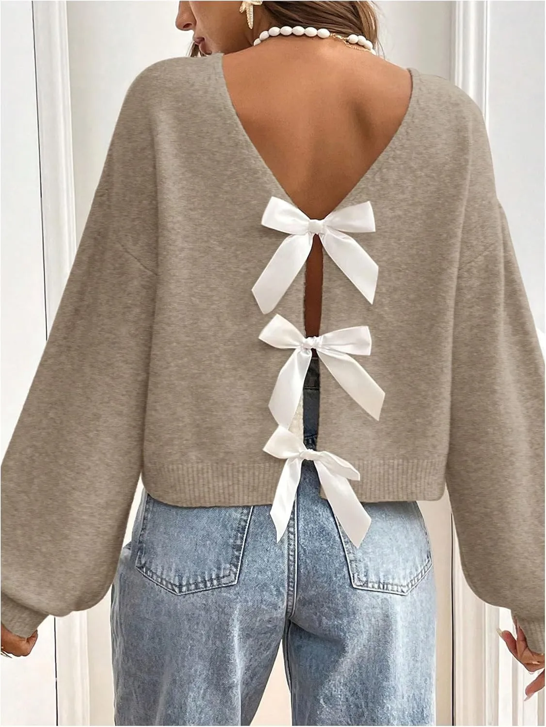 MakeMeChic Women's Bow Sweater Long Sleeve Open Back Tie Back Sweater Cardigan Top