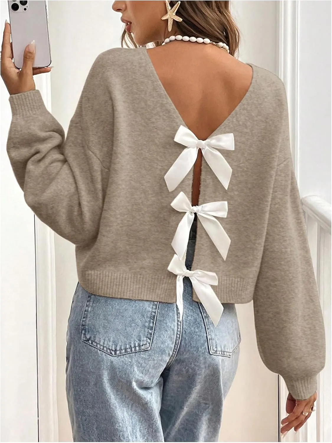 MakeMeChic Women's Bow Sweater Long Sleeve Open Back Tie Back Sweater Cardigan Top