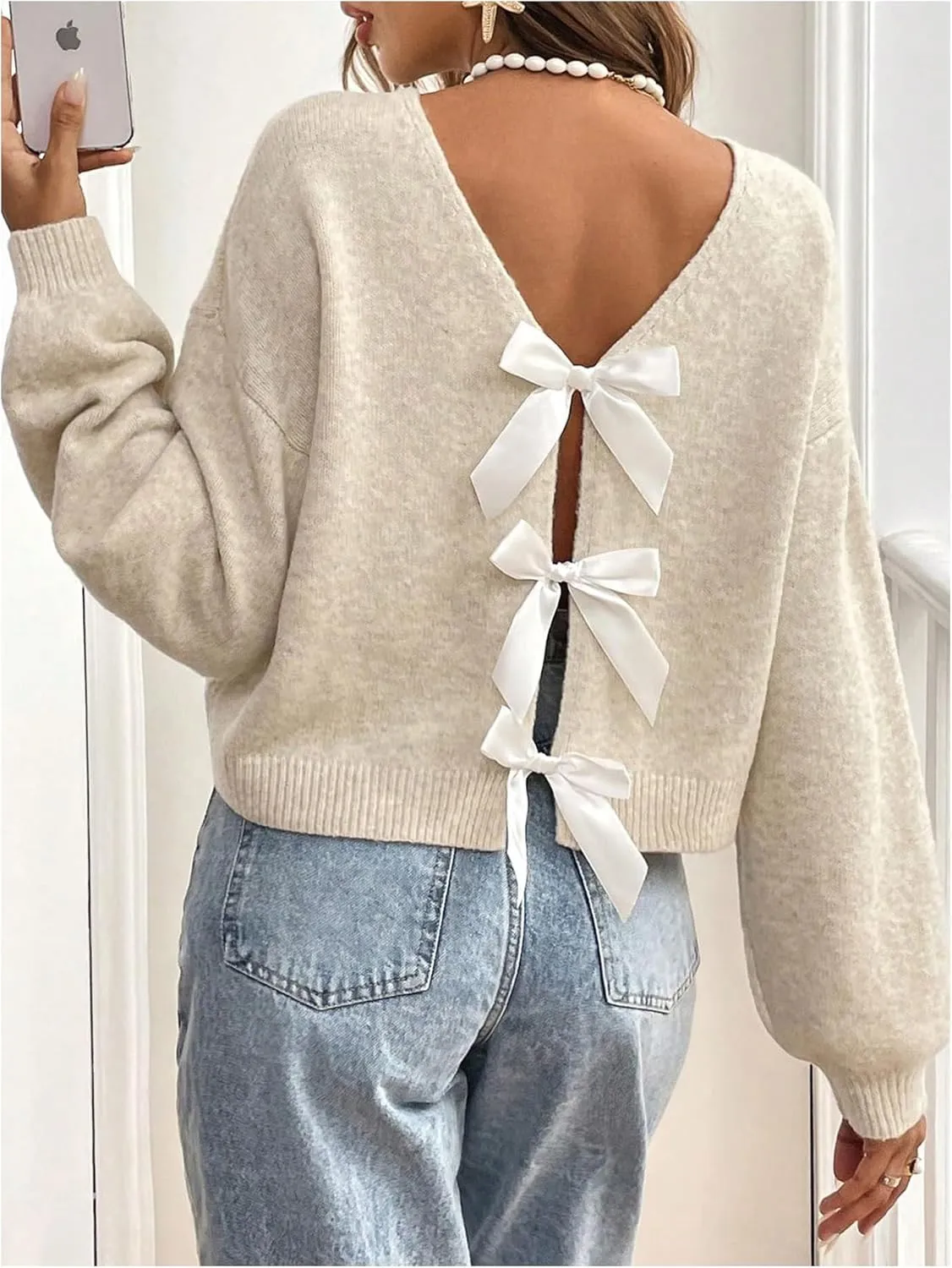 MakeMeChic Women's Bow Sweater Long Sleeve Open Back Tie Back Sweater Cardigan Top