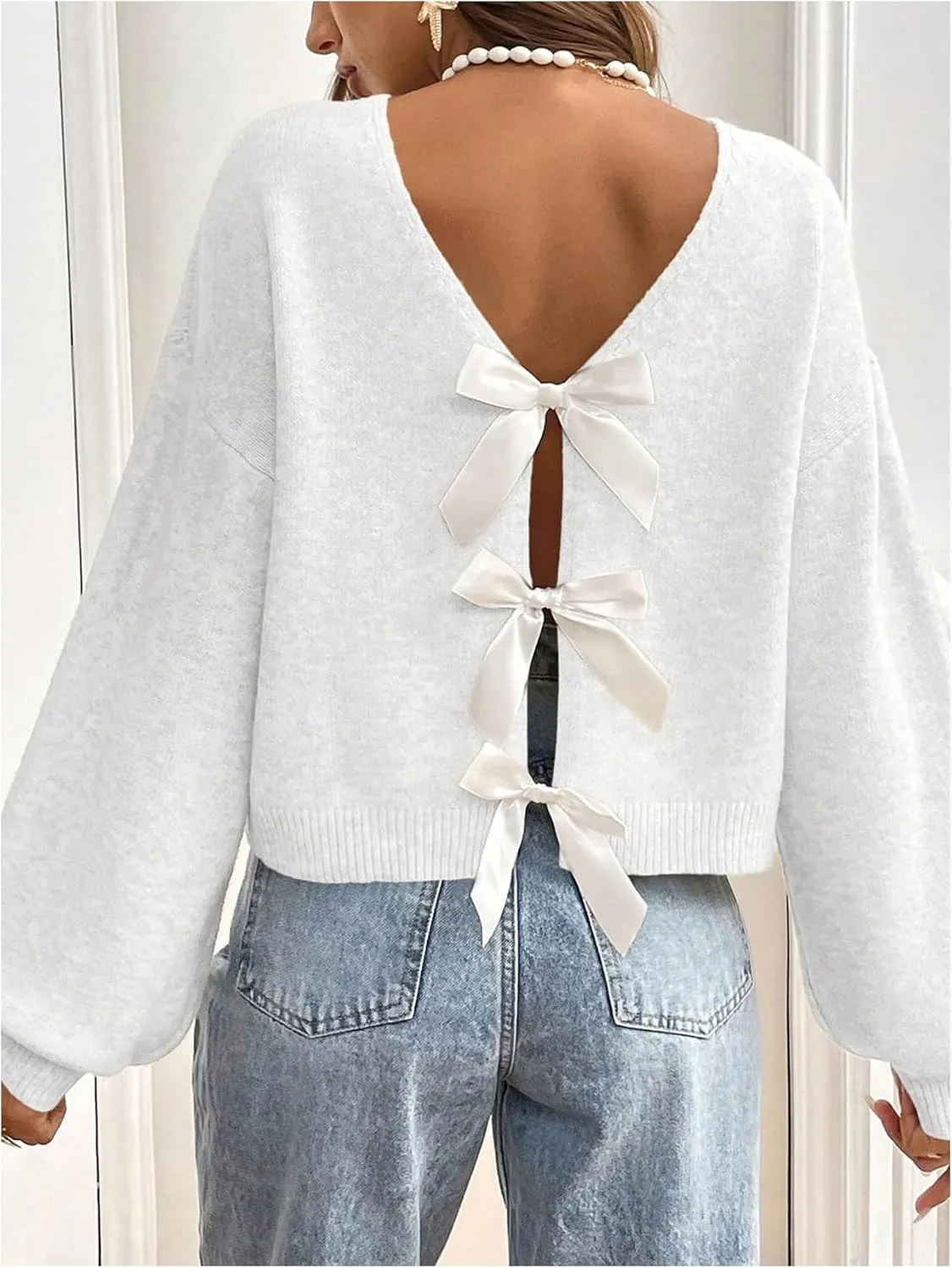 MakeMeChic Women's Bow Sweater Long Sleeve Open Back Tie Back Sweater Cardigan Top