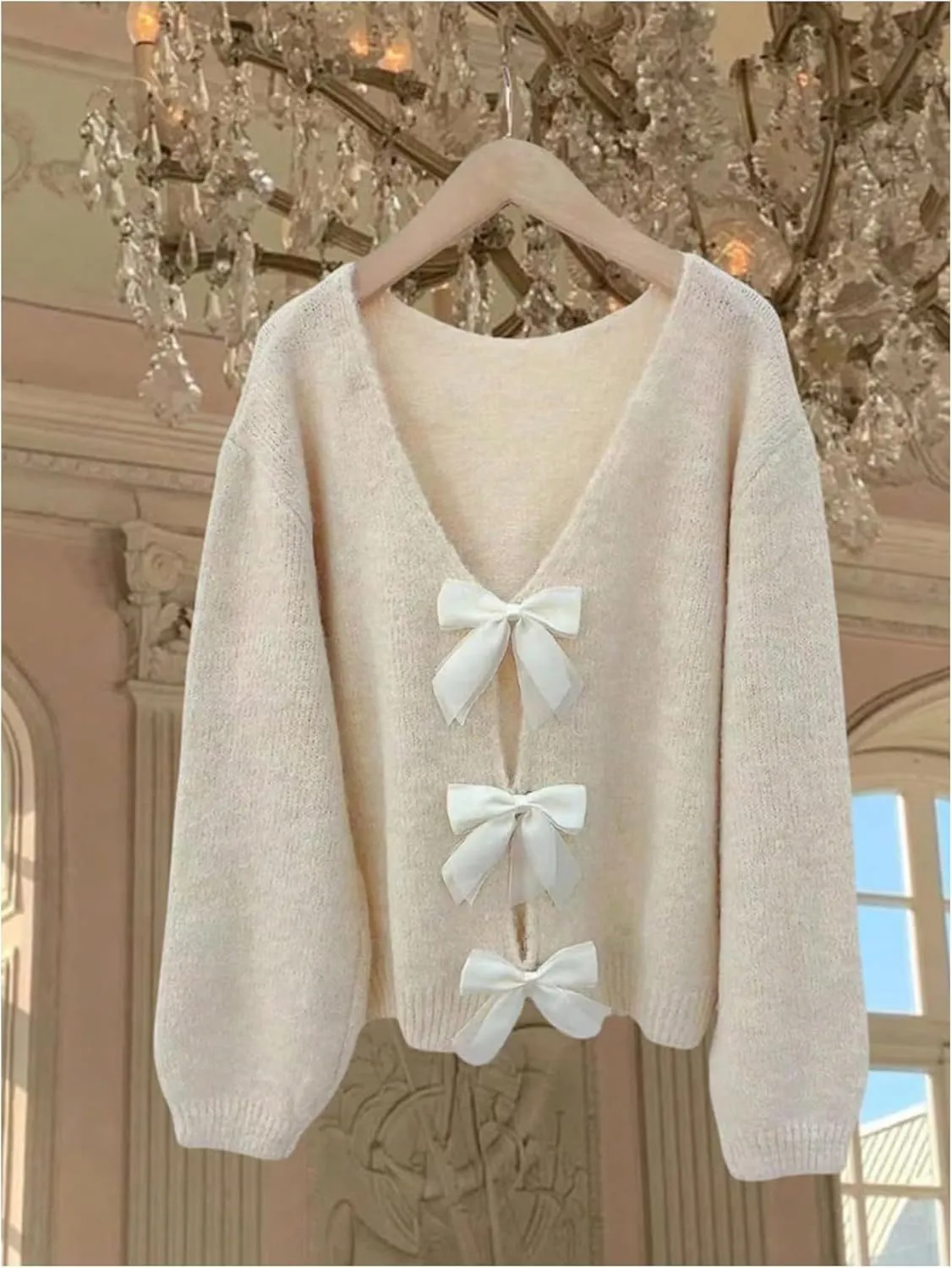 MakeMeChic Women's Bow Sweater Long Sleeve Open Back Tie Back Sweater Cardigan Top