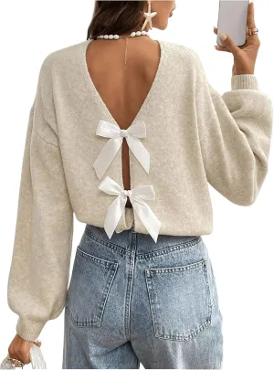 MakeMeChic Women's Bow Sweater Long Sleeve Open Back Tie Back Sweater Cardigan Top