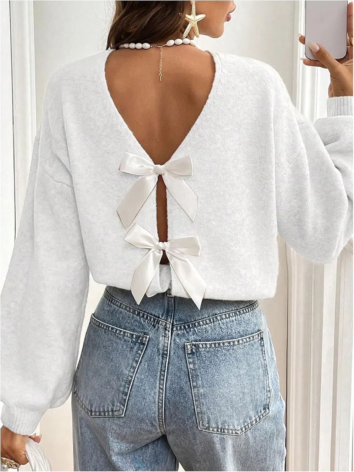 MakeMeChic Women's Bow Sweater Long Sleeve Open Back Tie Back Sweater Cardigan Top