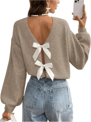 MakeMeChic Women's Bow Sweater Long Sleeve Open Back Tie Back Sweater Cardigan Top