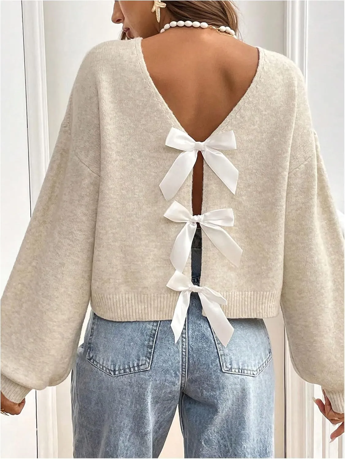 MakeMeChic Women's Bow Sweater Long Sleeve Open Back Tie Back Sweater Cardigan Top