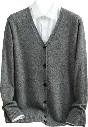 Men V-Neck Cashmere Cardigan Winter Cable Button Up Knitwear Casual Knitted Sweater