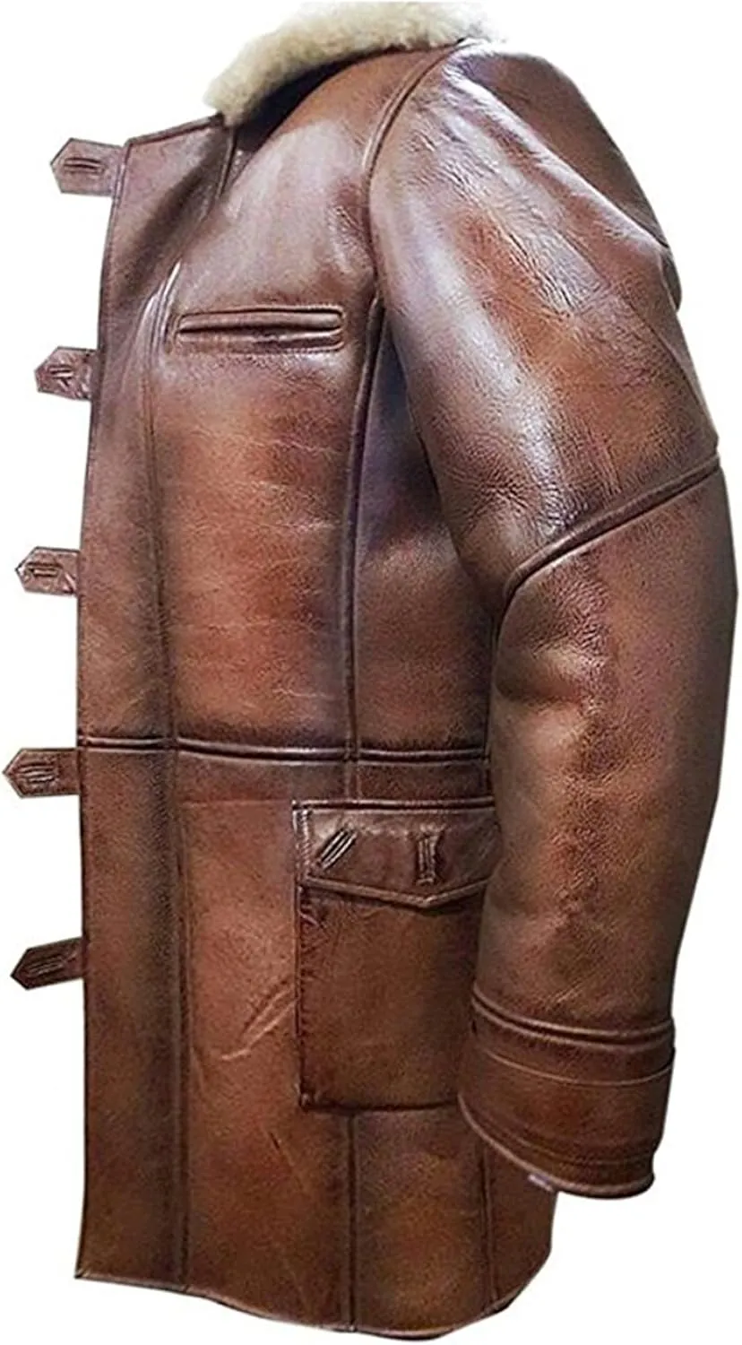 Mens Bane Tom Hardy Ginger Swedish Fur Shearling Winter Trench Duster Leather Long Coat