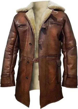 Mens Bane Tom Hardy Ginger Swedish Fur Shearling Winter Trench Duster Leather Long Coat