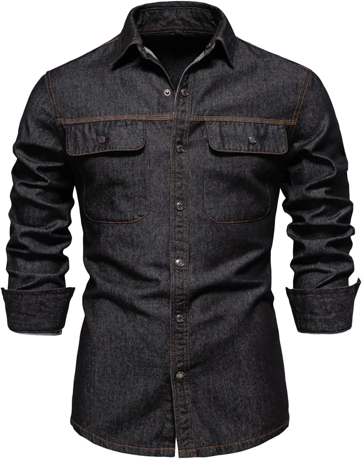 Mens Denim Jacket Solid Button Down Denim Shirt Casual Pockets Long Sleeve Washed Coat Fashion Slim Cowboy Coat
