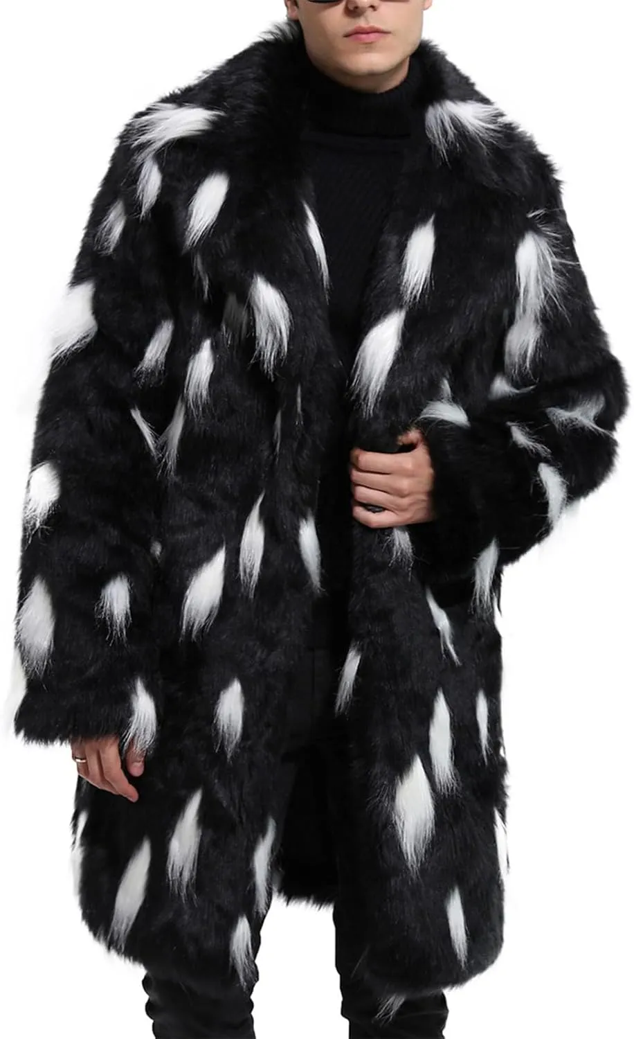 Mens Fashion Faux Fur Thick Coat Jacket, Pattern Lapel Long Jackets Heavyweight Fleece Lined Motorcycle Jakcet