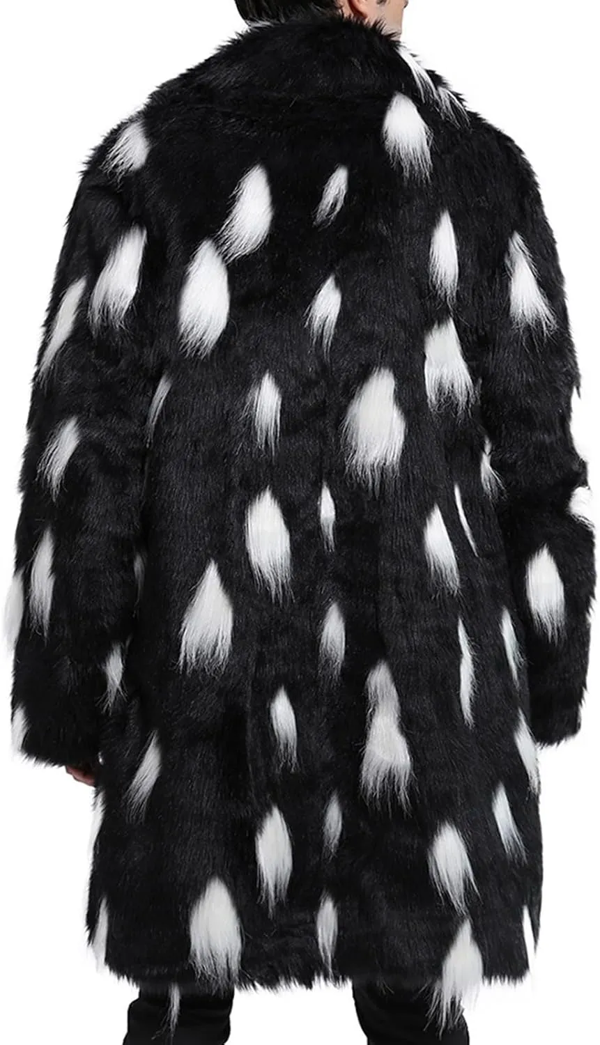 Mens Fashion Faux Fur Thick Coat Jacket, Pattern Lapel Long Jackets Heavyweight Fleece Lined Motorcycle Jakcet