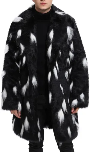 Mens Fashion Faux Fur Thick Coat Jacket, Pattern Lapel Long Jackets Heavyweight Fleece Lined Motorcycle Jakcet