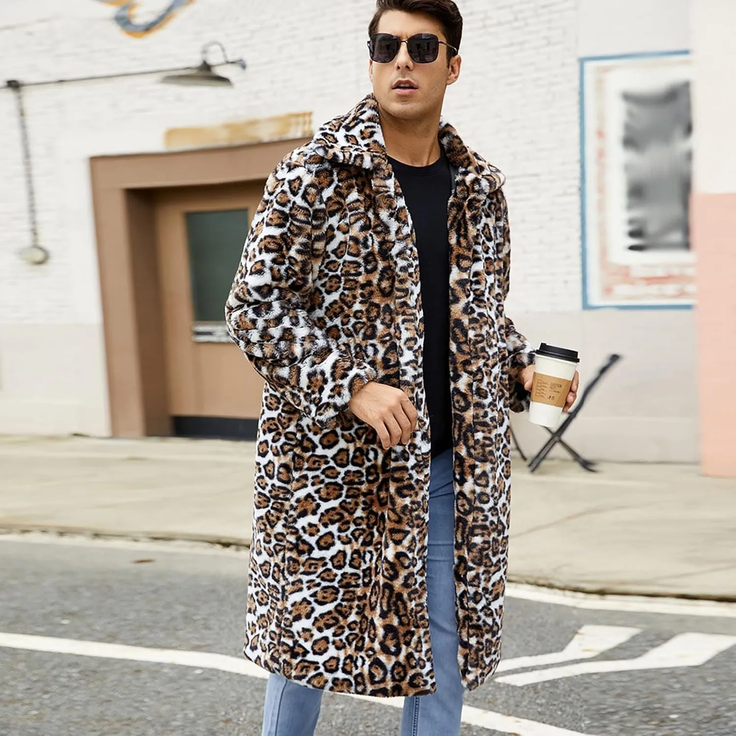 Men's Faux Fur Coat Jacket, Winter Fluffy Coat Outwear Long Parka Overcoat, Turn Down Open Front Coat Halloween