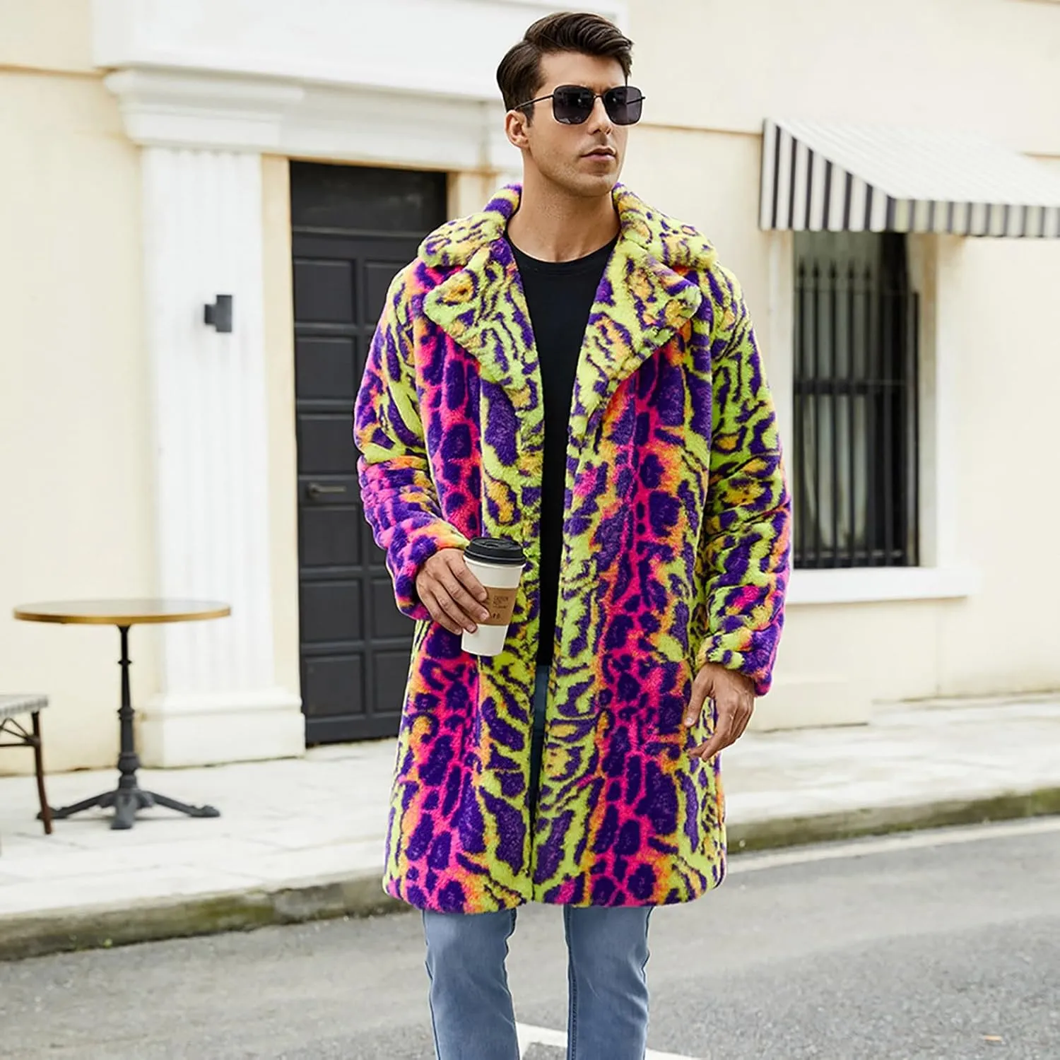 Men's Faux Fur Coat Jacket, Winter Fluffy Coat Outwear Long Parka Overcoat, Turn Down Open Front Coat Halloween