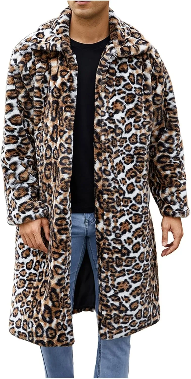 Men's Faux Fur Coat Jacket, Winter Fluffy Coat Outwear Long Parka Overcoat, Turn Down Open Front Coat Halloween