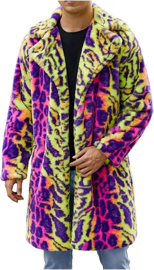 Men's Faux Fur Coat Jacket, Winter Fluffy Coat Outwear Long Parka Overcoat, Turn Down Open Front Coat Halloween