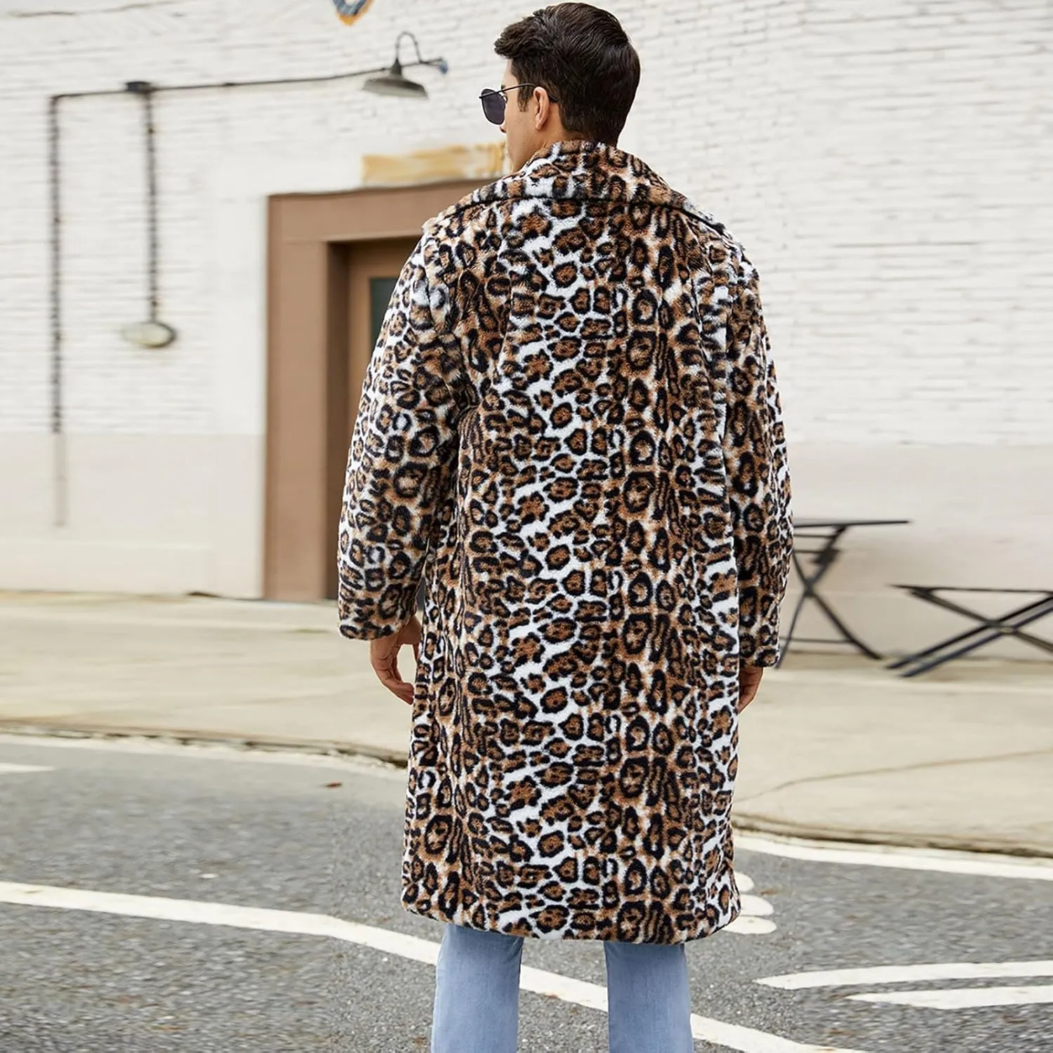 Men's Faux Fur Coat Jacket, Winter Fluffy Coat Outwear Long Parka Overcoat, Turn Down Open Front Coat Halloween