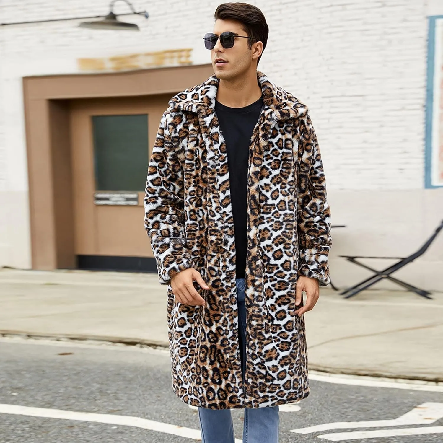 Men's Faux Fur Coat Jacket, Winter Fluffy Coat Outwear Long Parka Overcoat, Turn Down Open Front Coat Halloween