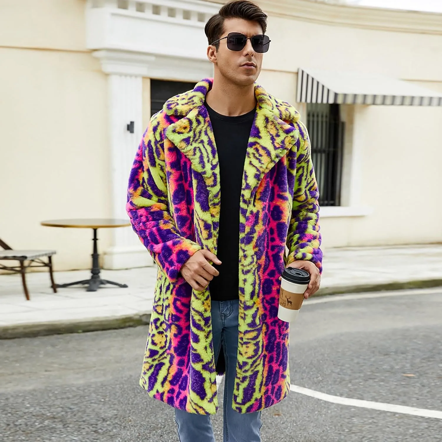 Men's Faux Fur Coat Jacket, Winter Fluffy Coat Outwear Long Parka Overcoat, Turn Down Open Front Coat Halloween