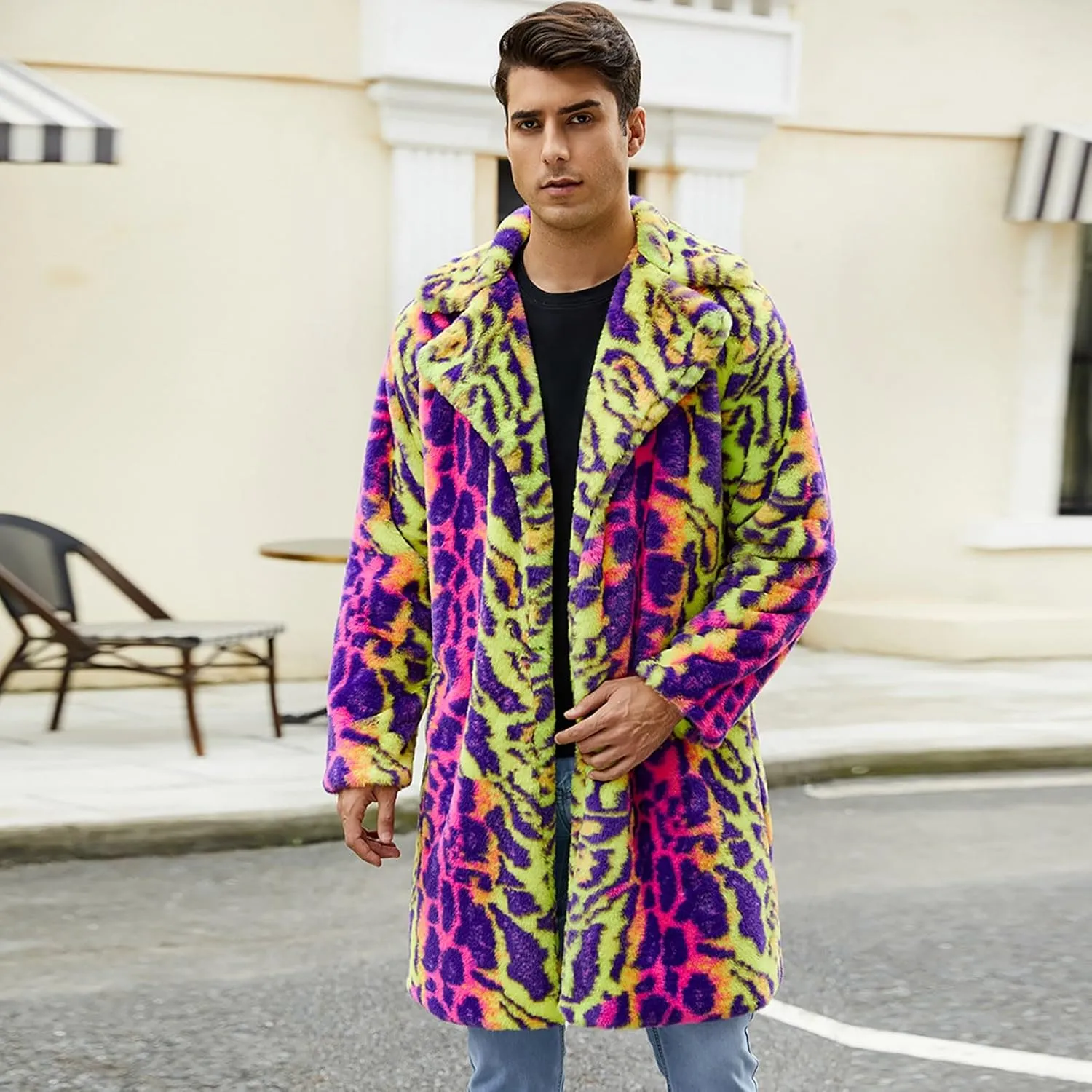 Men's Faux Fur Coat Jacket, Winter Fluffy Coat Outwear Long Parka Overcoat, Turn Down Open Front Coat Halloween