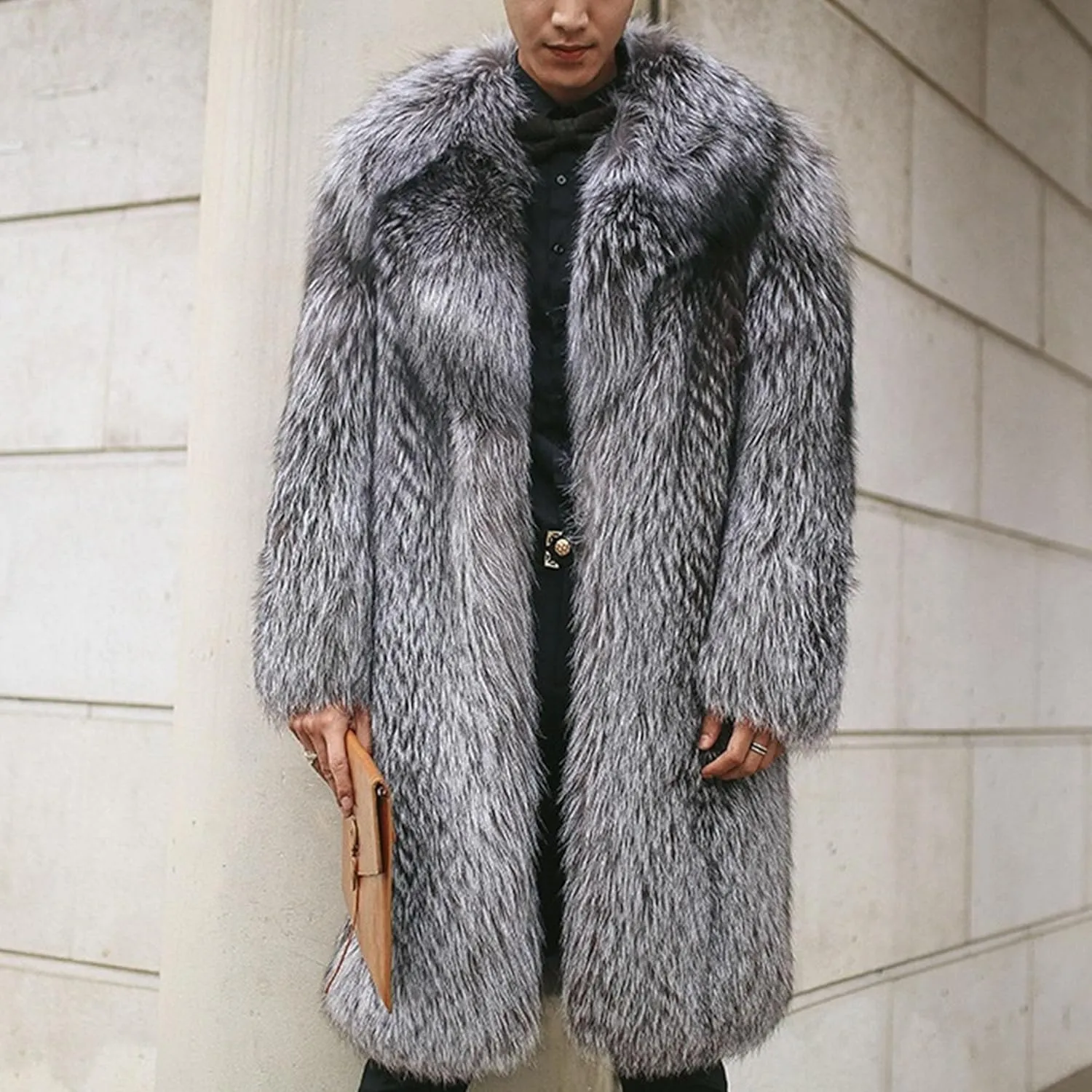 Men's Faux Mink Fur Length Coat Trendy Fuzzy Fox Fleece Jacket Winter Warm Fur Long Sleeve Coats