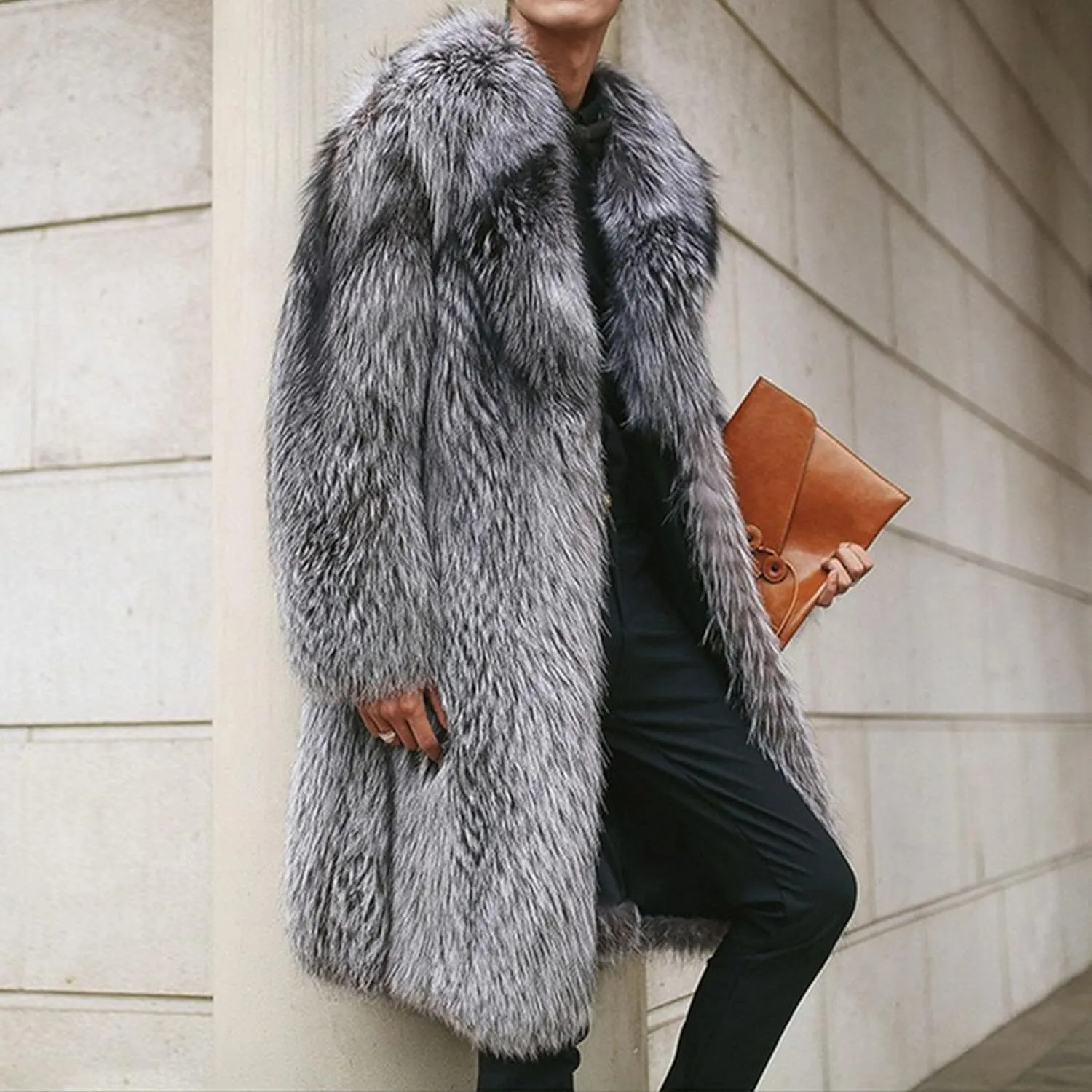 Men's Faux Mink Fur Length Coat Trendy Fuzzy Fox Fleece Jacket Winter Warm Fur Long Sleeve Coats