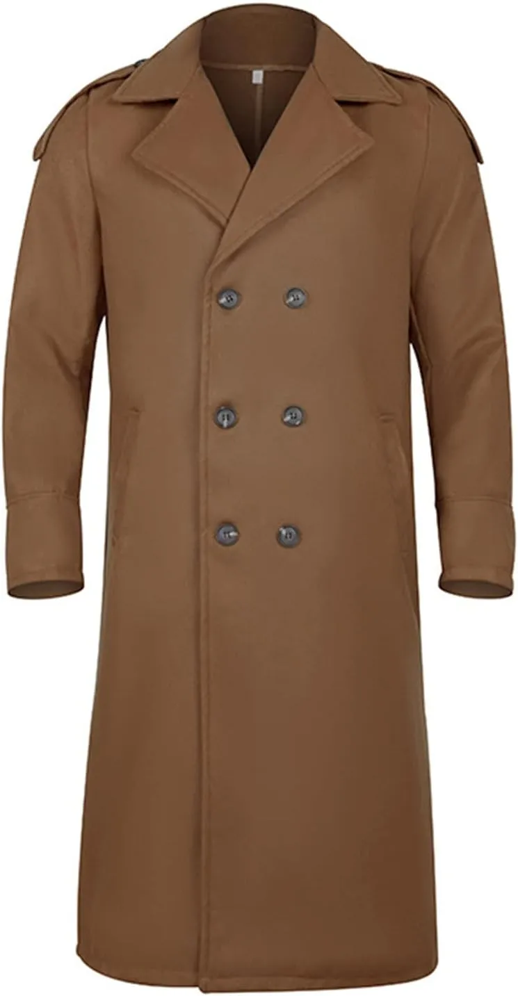 Men's Full Length Winter Trench Coat Double Breasted Wool Blend Long Windbreaker Notch Lapel Peacoat Overcoat
