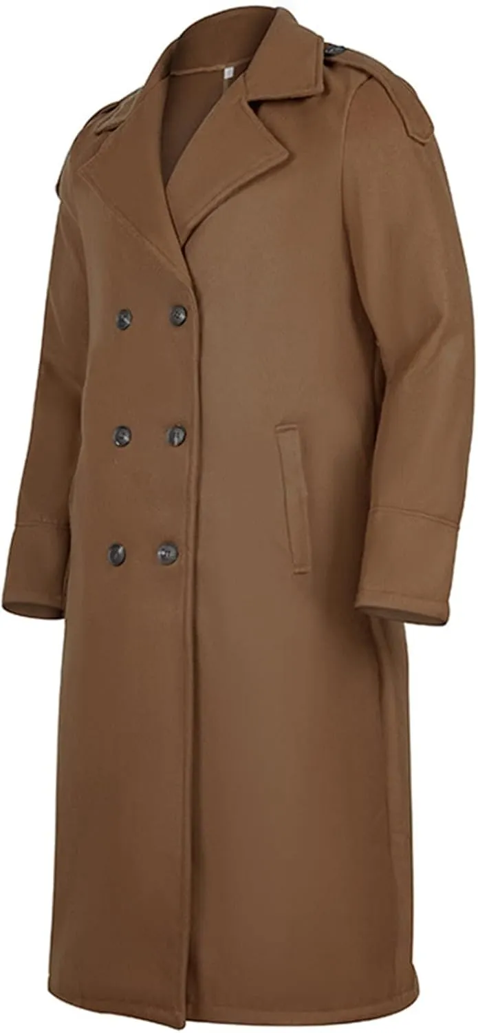 Men's Full Length Winter Trench Coat Double Breasted Wool Blend Long Windbreaker Notch Lapel Peacoat Overcoat