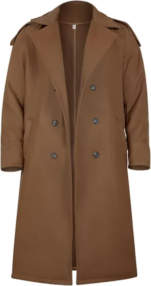 Men's Full Length Winter Trench Coat Double Breasted Wool Blend Long Windbreaker Notch Lapel Peacoat Overcoat