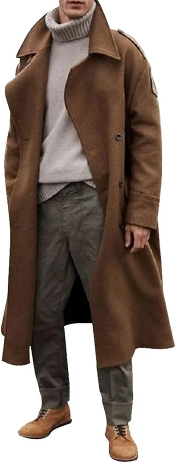 Men's Full Length Winter Trench Coat Double Breasted Wool Blend Long Windbreaker Notch Lapel Peacoat Overcoat