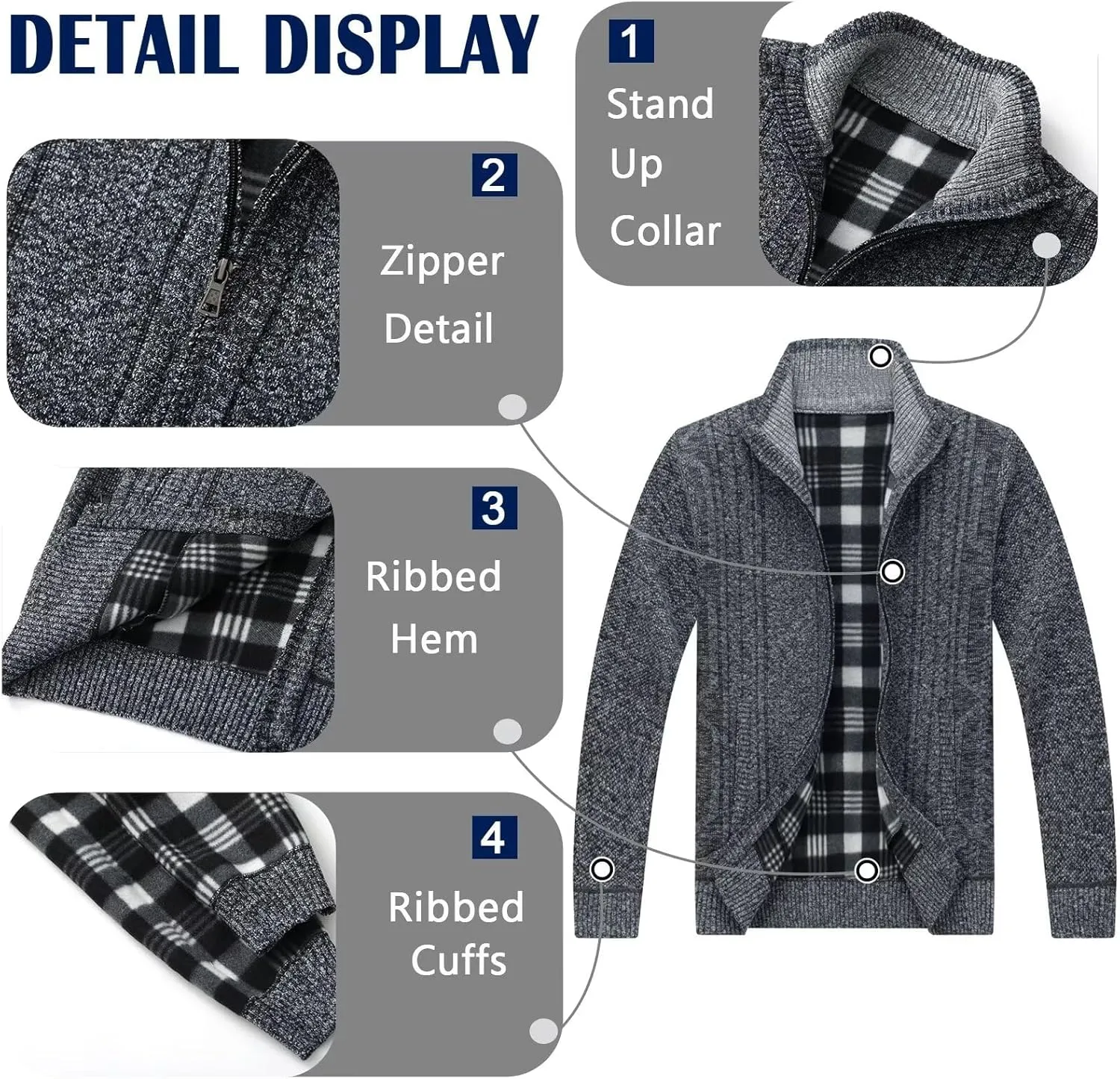 Men's Knit Cardigan Sweater Slim Fit Long Sleeve Stand Collar Full Zipper Casual Sweater