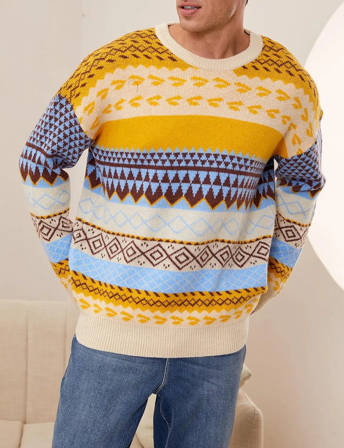 Mens Knit Sweater Grandpa Vintage Knitted Sweaters Oversized Striped Spring Pullover Casual Long Sleeve Pullovers