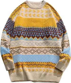 Mens Knit Sweater Grandpa Vintage Knitted Sweaters Oversized Striped Spring Pullover Casual Long Sleeve Pullovers