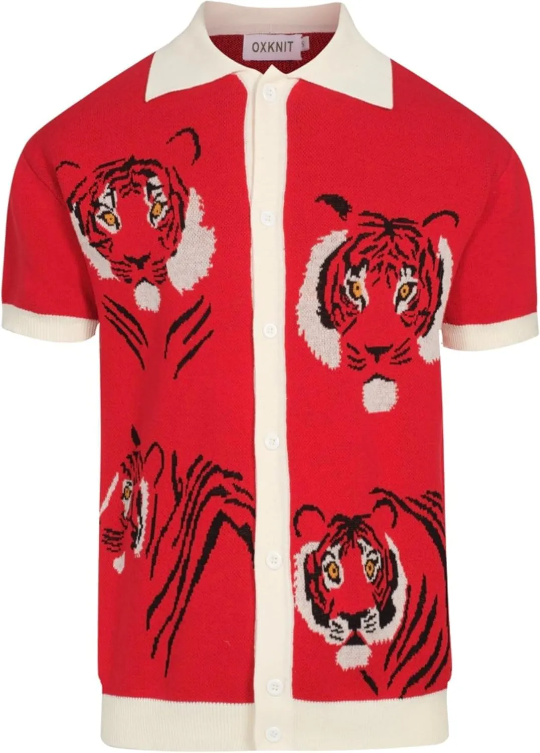 Men's Knitted Vintage Polo Shirt, 1960s Mod Style V-Neck Retro Polo Animal Pattern Shirt with Button Red