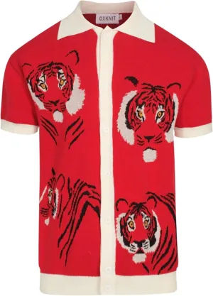 Men's Knitted Vintage Polo Shirt, 1960s Mod Style V-Neck Retro Polo Animal Pattern Shirt with Button Red