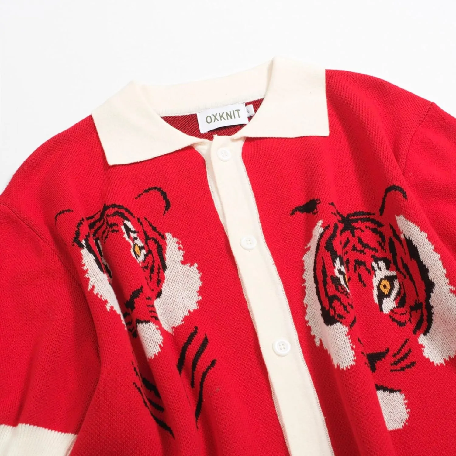 Men's Knitted Vintage Polo Shirt, 1960s Mod Style V-Neck Retro Polo Animal Pattern Shirt with Button Red